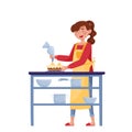 Let`s stay home. In the kitchen, girl in apron, sweater and jeans is preparing cake, near kitchen table, pan, ladle and plates.